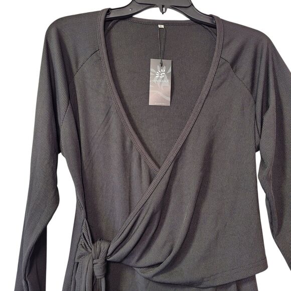 Sunmama Women Casual Dress V Neck Long Sleeve Pencil Midi Dress Black X-Large - Picture 3 of 9